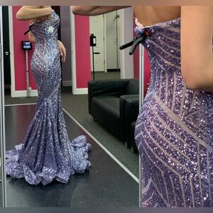 Jovani Chevron Sequin Strapless High Slit Gown